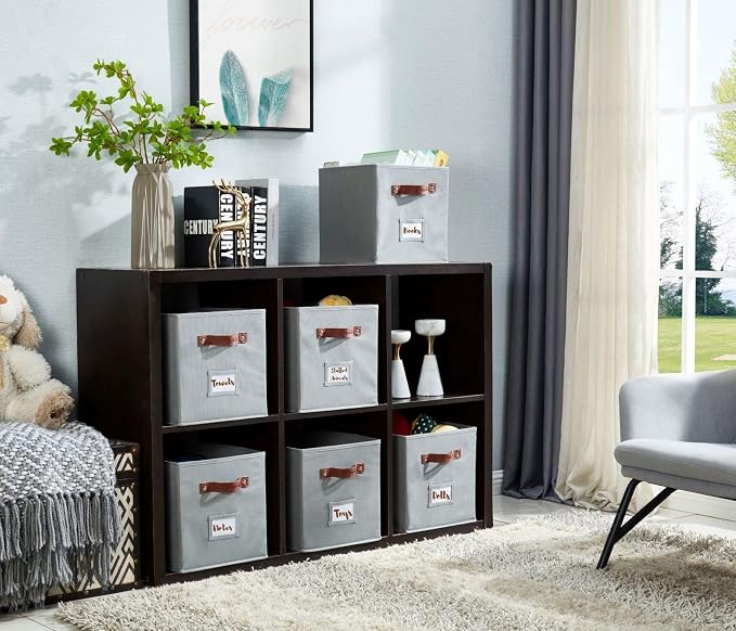 DECOMOMO Storage Bins, Cube Storage Bin with Labels, Fabric Storage Cubes for Shelves (10.5" x 11" / 6pcs, Grey) - Image 9