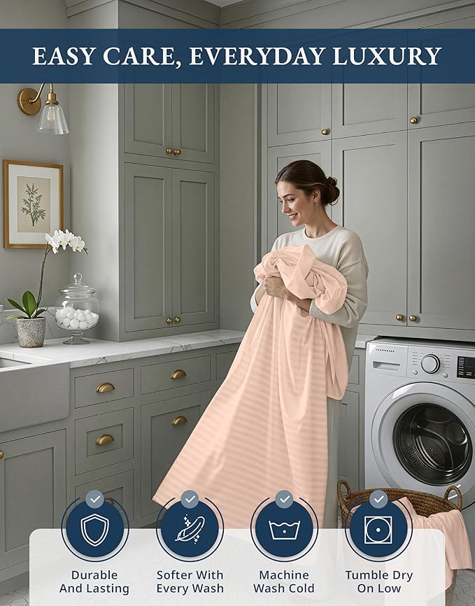 LANE LINEN 100% Egyptian Cotton Bed Sheets Queen Size, Long Staple Soft & Comfy Sateen Weave No Pill Queen Size Bedding Set, Machine wash 15'' Deep Pocket Queen Sheets Damask Stripe - Veiled Rose