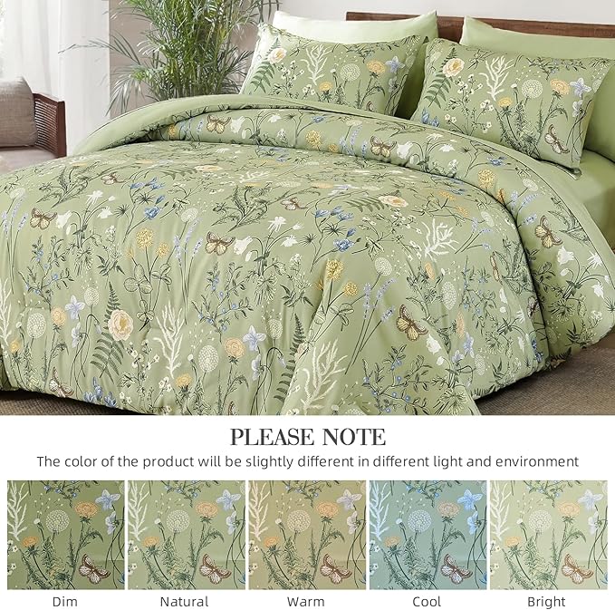 Yiran Sage Green Floral Comforter Set Queen Size, 7 Piece Botanical Comforter Bedding Set, Farmhouse Bed in a Bag, Soft Microfiber Complete Bedding Set with Sheets for All Season