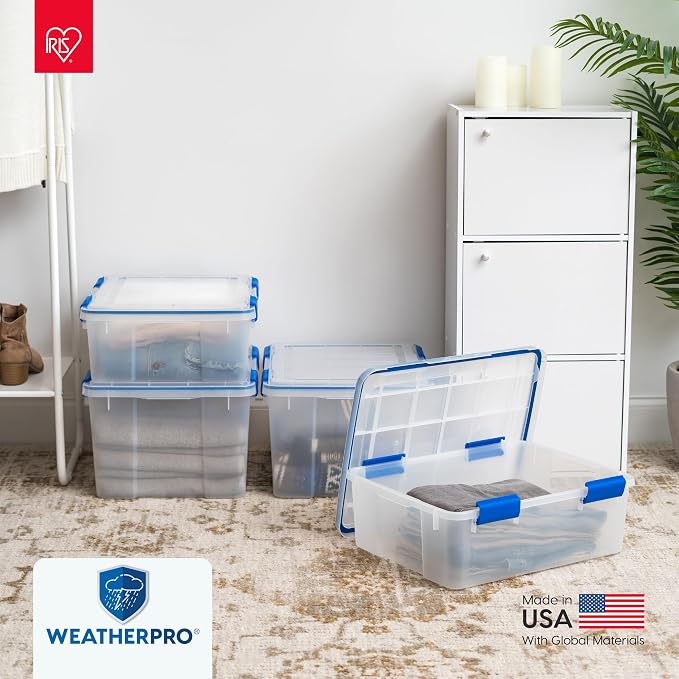 IRIS USA WeatherPro 16 Qt Storage Bins with Lids, 3 Pack, BPA-Free Plastic Gasket Box with Tight Latch and Seal, Stackable Nestable Tote Tub - Clear/Blue - Image 9
