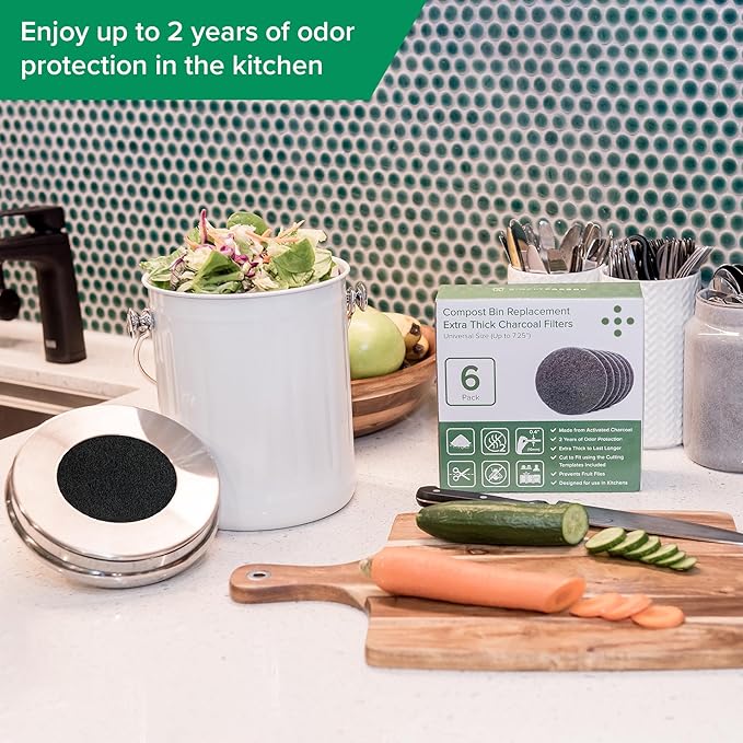 2 Years Supply Extra Thick Filters for Kitchen Compost Bins - Longer Lasting Activated Charcoal - Universal Size Fits ALL Compost Bins up to 7.25" Filter Size - Replacement Set of 6 (by Simply Carbon) - Image 7
