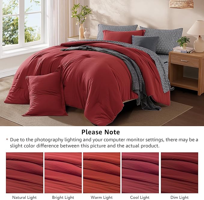 Monbix King Size Comforter Set - 7 Pieces Bright Red Prewashed Bed in a Bag King Bedding Sets with Comforters, All Seasons Ultra Soft Comforter Bed Set with Sheets, Pillowcases & Shams