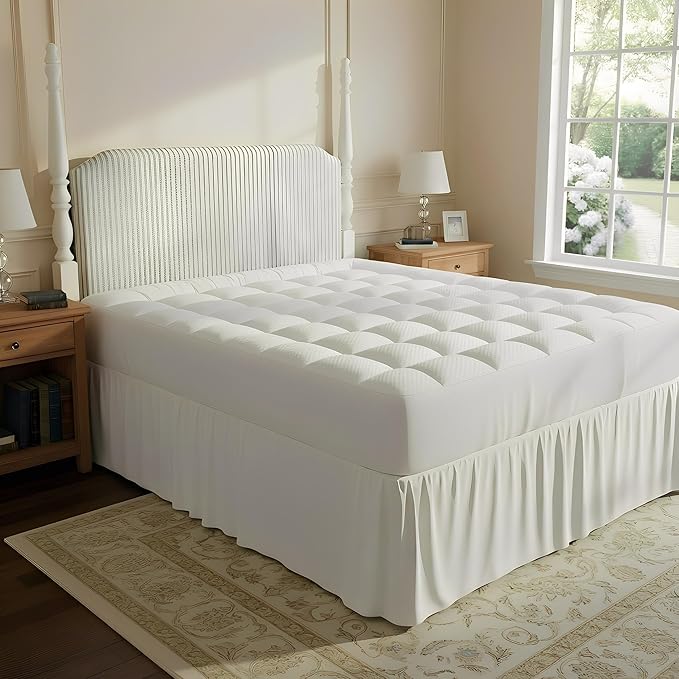 Queen Size Quilted Fitted Mattress Pad with Deep Pocket 8-21" - Cooling Breathable Pillow Top Mattress Topper & Protector, Machine Washable, White, 60x80 Inches