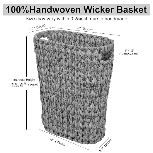 Coeusy 5 Gallon Wicker Trash Can,Wicker Bathroom Trash Can with Handles,Handwoven Waste Basket Waterproof Narrow Small Garbage Can for Bedroom,Bathroom,Office,Grey/20 Liters - Image 9