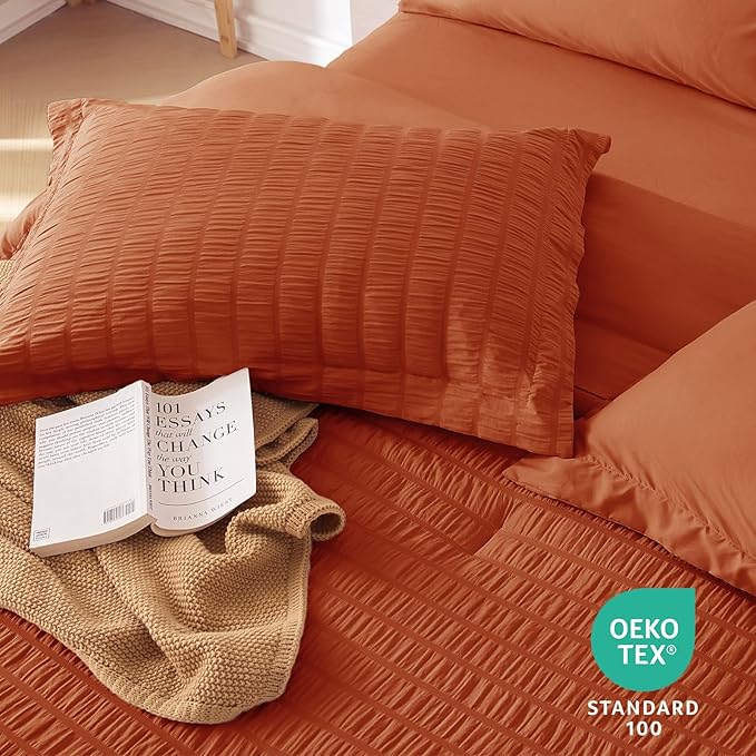 MUXHOMO 7 Pieces Queen Comforter Set, Seersucker Bed in a Bag Queen Size, All Season Luxury Bedding Set with Comforter, Flat Sheet, Fitted Sheet, Pillowcases & Shams, Burnt Orange