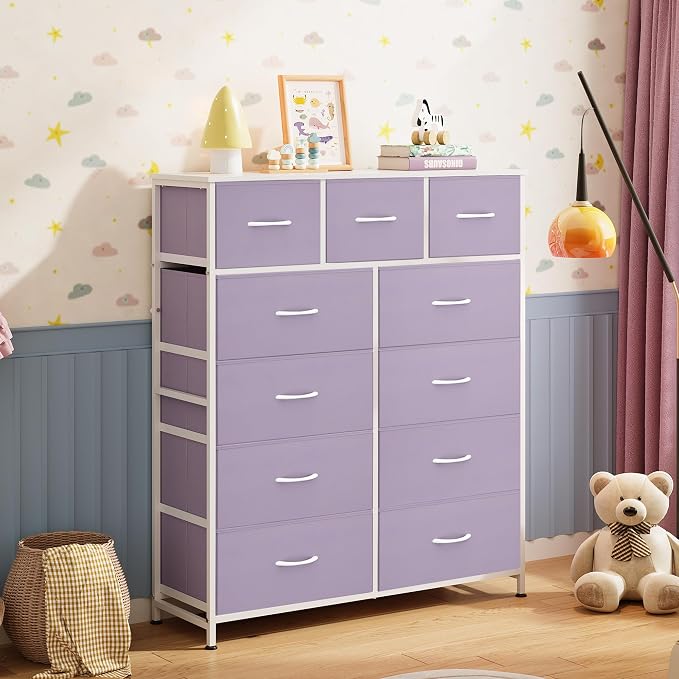 WLIVE Storage Organizer Unit with 11 Fabric Bins, Storage Drawers Organizer with Steel Frame, Tall Storage Tower Organizaton for Living Room, Hallway, Office, Purple - Image 8