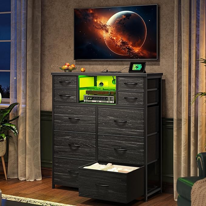 Romorgniz Dresser for Bedroom with 10 Drawers Featuring LED Light and Power Outlet, Fabric Dressers & Chest of Drawers with Open Shelves for Hallway, Living Room, Metal Frame,Wood Top,Grain Black