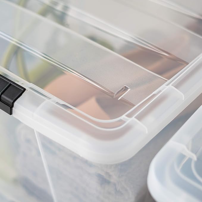 IRIS USA 72 Qt Stackable Plastic Storage Bins with Lids, 6 Pack - BPA-Free, Made in USA - See-Through Organizing Solution, Latches, Durable Nestable Containers, Secure Pull Handle - Clear - Image 9