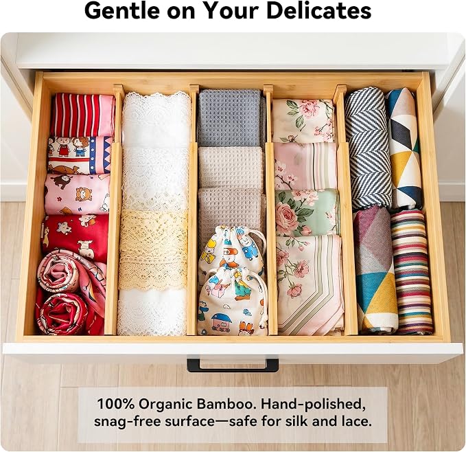 4 Pack Deep Drawer Dividers, 6" High Bamboo Expandable Drawer Organizers, 17-22" Adjustable Tension Separators, Large Drawer Dividers for Kitchen, Bedroom Dresser, Baby Nursery & Bathroom - Image 7