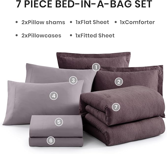 Monbix Super King Plus Comforter Set, Italian Plum Cationic Dyeing Bedding Set Reversible, Bed in a Bag 7 Pieces with Comforter, Sheets, Pillowcases & Shams