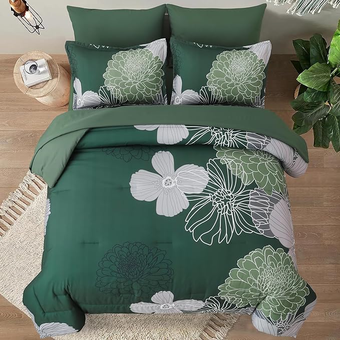 Yiran 7 Pieces Queen Floral Comforter Set,Emerald Green Bed in a Bag Flowers Comforter,Soft Microfiber Bedding Set with Comforter, Sheets, Pillowcases & Shams 90"×90"