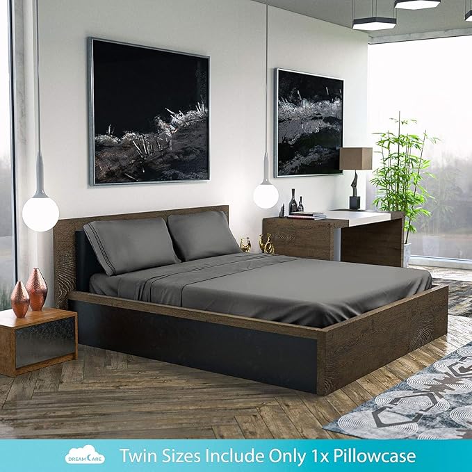 DREAMCARE Twin XL Sheet Sets - 3 pcs Breathable Cooling Bed Sheets - up to 21" Extra Deep Pocket Twin XL Sheets Set with Side Pockets - Extra Soft 100% Brushed Hypoallergenic Hotel Luxury - Dark Gray