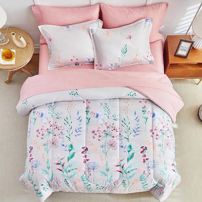 AIKASY 6-Piece Comforter Set Bed in a Bag, Twin Size, Floral Watercolor Pattern - Bedding Set with Comforter, Pillow Shams, Fitted Sheet, and Pillowcases - Soft and Cozy All-Season (Pink Floral)