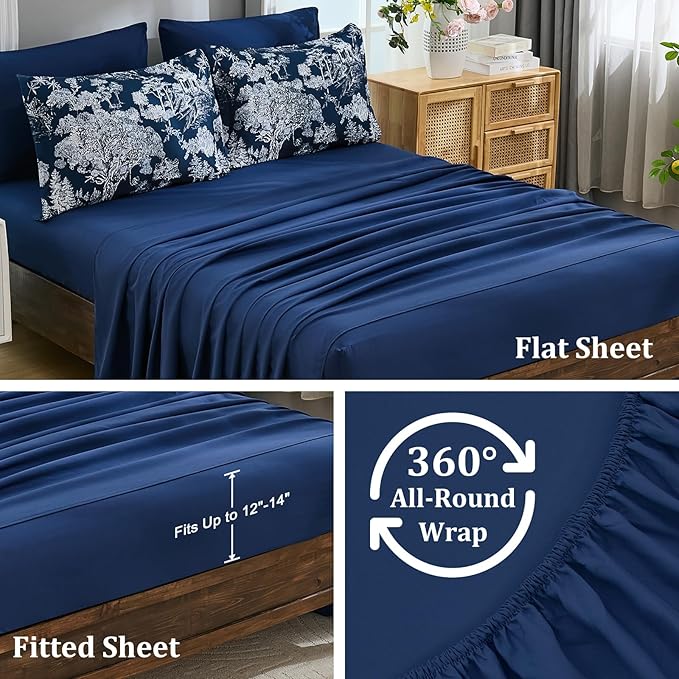 DJY King Size Comforter Sets, 7 Pieces Bed in a Bag King Dark Blue Botanical Comforter Set with Sheets, White Elegant Plants Print Soft Microfiber Reversible Complete Bedding Sets for All Season