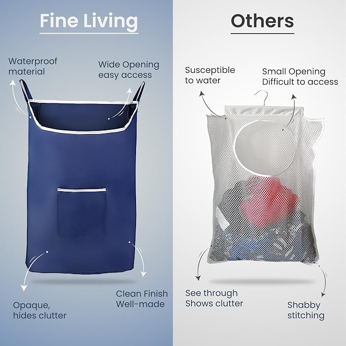 Fine Living Large Hanging Laundry Hamper with Over Door Hooks & Adhesive, Durable Space Saving Laundry Bag with Zipper and Wide Open Top, Hanging Dorm Laundry Hamper 18"x4.75"x28" (Navy Blue-L) - Image 6