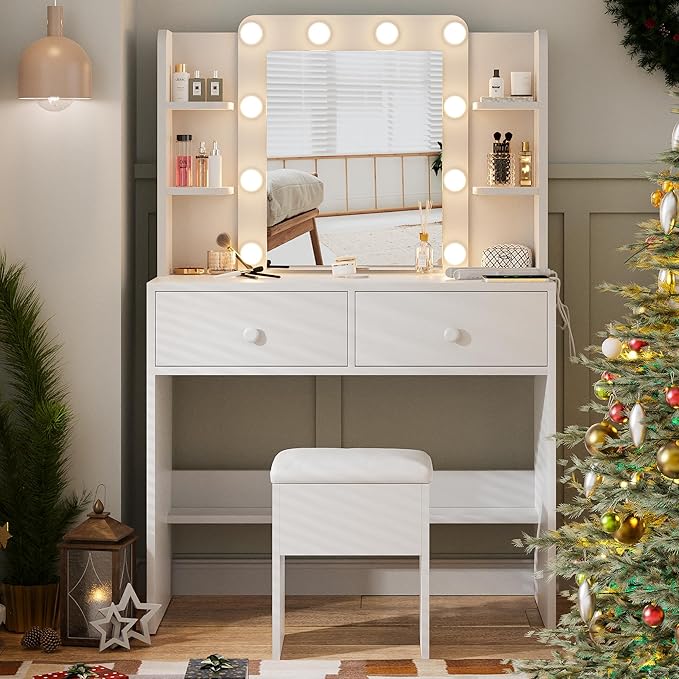 Haewon White Vanity Desk with Mirror and Lights, Makeup Vanity with 10 LED Bulbs and 3 Color Modes, Dressing Table Set with Power Outlets, Storage Drawers and Chair for Bedroom