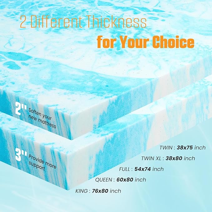 Topper 2 Inch Memory Foam Mattress Topper, Cooling Gel Foam Mattress Topper for Pressure Relief, Ventilated Design Bed Topper in a Box