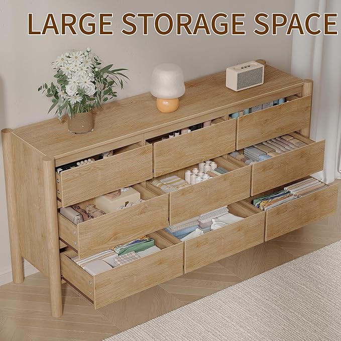 CHUWELL 3-Piece Bedroom Dresser Set-9 Drawer Dresser & 2 Nightstands,63" Wide Dresser and Night Stands with Solid Wood Cylindrical Legs,Rustic Wooden Storage for Bedroom(Oak)
