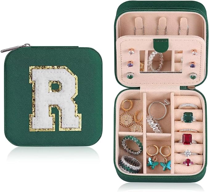 ETHOON Jewelry Travel Case Small Organizer Stocking Box Personalized Gifts Teenage Jewelry Accessories Holiday Christmas Gift for Women Green, Letter R by ETHOON