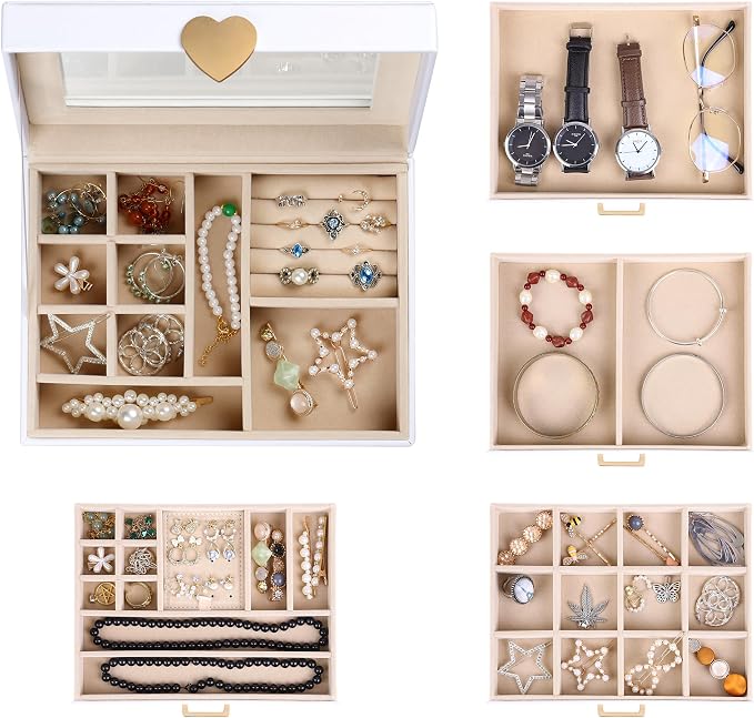 Kendal Jewelry Box, 5-Layer Jewelry Organizer Box with Glass Lid, Brass Gold and White, Heart Shaped PU Leather, Storage Box for Necklace Earrings Rings Bracelets, Gift Idea for Girls LJC4DRWH - Image 6