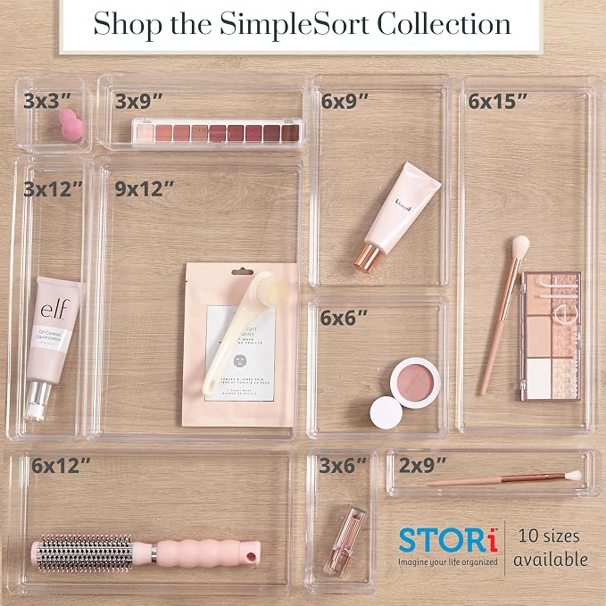 STORi SimpleSort 2-Piece Stackable Clear Drawer Organizer Set | 12" x 9" x 2" Rectangle Trays | Wide Makeup Vanity Storage Bins and Office Desk Drawer Dividers | Made in USA - Image 8
