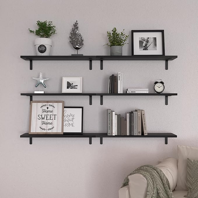 WOPITUES Wood Floating Shelves Set of 6, 24 inch Long Floating Shelves for Wall Decor, Farmhouse Shelf for Bedroom, Bathroom Storage Shelves, Book Shelves for Living Room - Black - Image 6