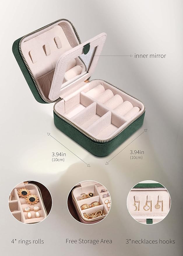 S.Leaf Travel Jewelry Organizer Boxes for Women Small Portable Necklace Earrings Bracelet Rings Travel Case Best Friend Birthday Gifts for Women Trendy (08_Suede_Touch_Emerald) - Image 6