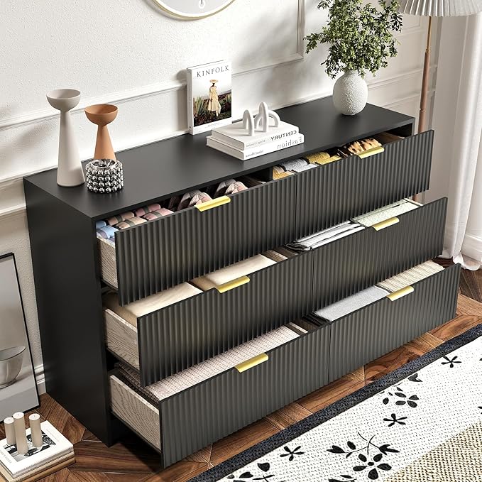 6 Drawer Dresser and Nightstand Sets for Bedroom, 3 Pcs Bedroom Set, Night Stand Set of 2 & 6 Drawer Dresser with Gold Handles, Modern Wood Chest of Drawers Storage Cabinet Set, Black