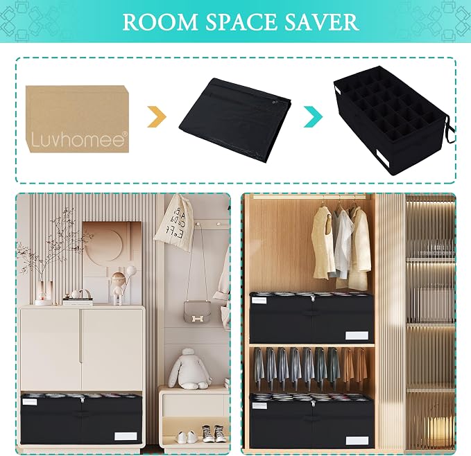 Luvhomee Shoe Storage Organizer, Fits 24 Pairs, Large Shoe Organizer Box for Closet, Clear Foldable Shoes Containers w/Bottom Support, Space Saving Shoe Cubby Storage Boxes w/Reinforced Handles, Black - Image 7