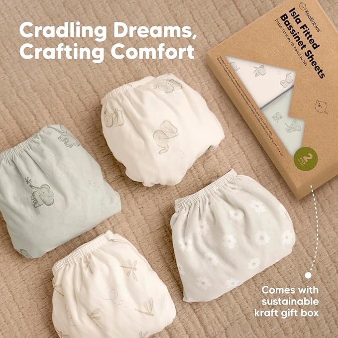 2-Pack Baby Bassinet Sheets Girl, Boy - 33x17 Viscose Derived from Bamboo Bedside Mattress Fitted Bassinet Sheets, Compatible with Halo Bassinest Swivel Sleeper, Baby Delight, Graco (Herb)