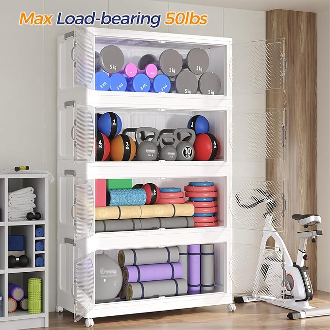 180QT Extra Large Stackable Storage Bins with Lid, 45Gal Plastic Closet Organizers and Storage Drawer, Collapsible Cabinet Box with Wheels Clear Doors for Home Kitchen Office, 3Pack White