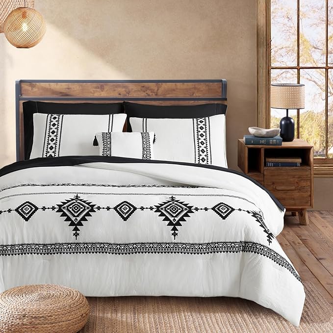 MaiRêve Embroidery Comforter Set, Boho Farmhouse Western Bedding Set, All Season Bed in A Bag Comforter Set with Sheets, Pillowcases & Shams, White Full 7 Pieces
