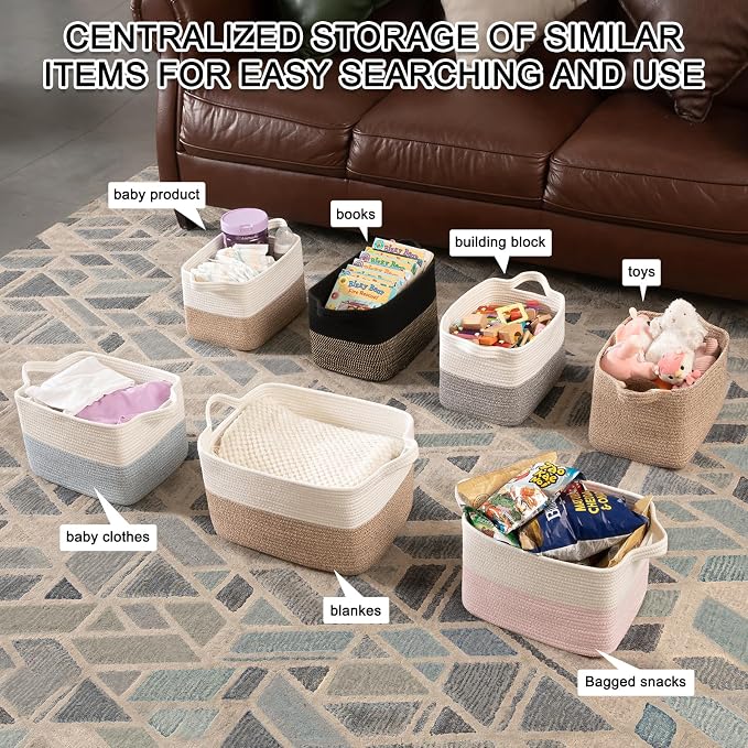 OIAHOMY Woven Storage Basket for Shelves, Rectangle Cotton Rope Baskets for Organizing, 13 x 10 x 9 in, Storage Bins for Dog Toys,Towel,Books,Gift,Brown - Image 9