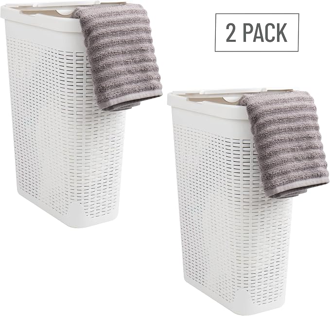 Mind Reader Slim Laundry Hamper with Lid, 40L Clothes Basket, Narrow Tapered Design with Ventilated Cutout Pattern, Plastic, Set of 2, White - Image 7