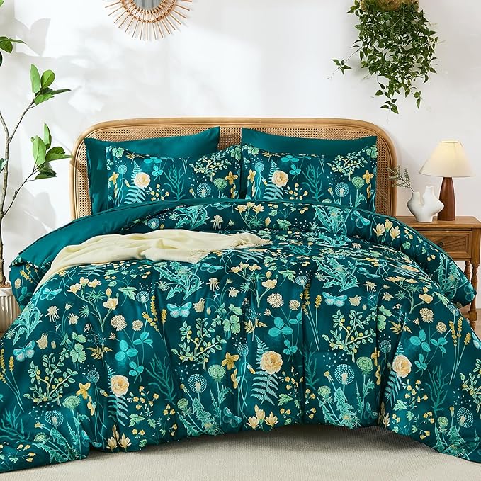 Yiran Queen Comforter Set 7 Piece, Teal Green Floral Bedding Set, Bed in a Bag Queen Size with Botanical Flowers Spring, Soft Lightweight Complete Comforters with Sheets for All Season