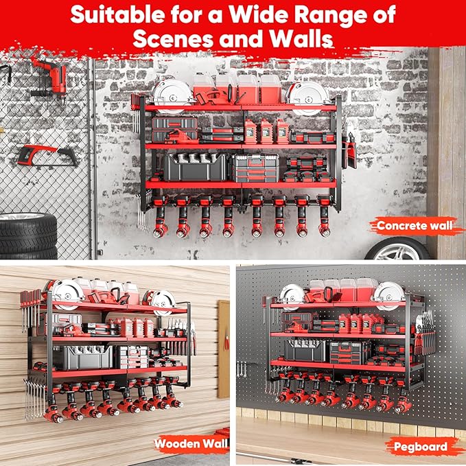 POKIPO Upgrade Large power tool organizer Wall Mount,4 Layers Heavy Duty Metal Loads 400lbs Power Tool Hanger Shelf Battery Storage with 8 Cordless Drill Bit Holder,Utility Racks for Garage Tool Room - Image 6