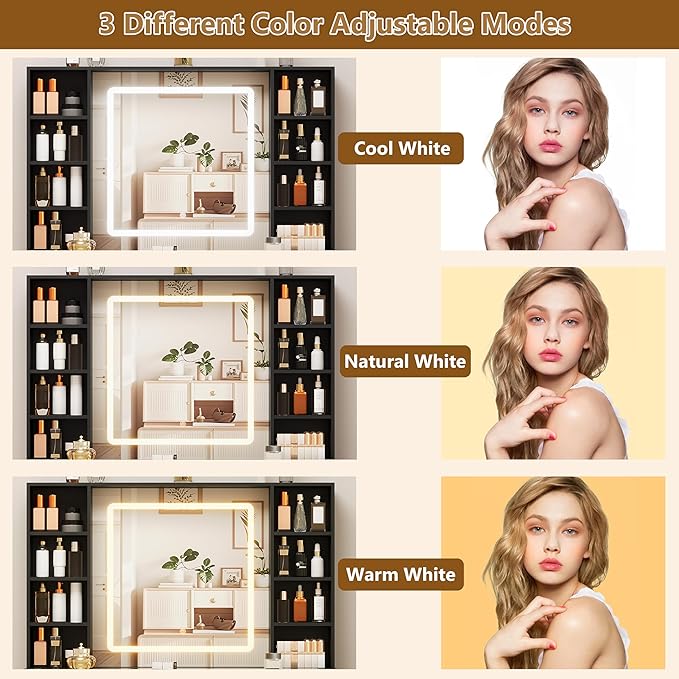 Black Vanity Desk with Mirror and Lights, Glass Top Vanity with Lighted Mirror & RGB Cabinet and 3 Drawers, Dressing Table with 8 Shelves, Makeup Desk with Lights for Girls Bedroom, 3 Color Modes