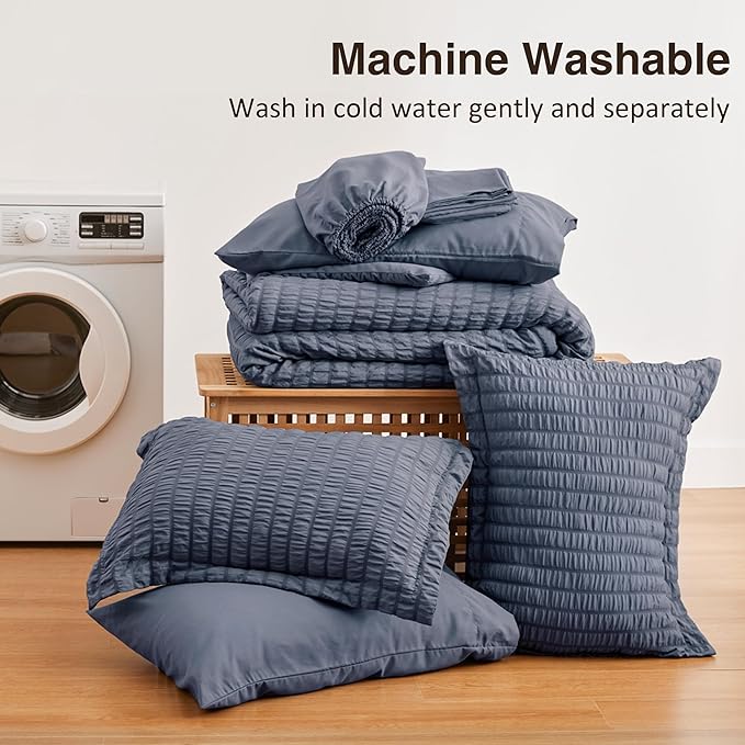 Love's cabin Seersucker Navy Blue California King Comforter Set, 7-Piece All Season Lightweight Bed in a Bag Bedding Set with Comforter, Flat Sheet, Fitted Sheet, Pillowcases and Shams | Soft, Breathable, Lightweight