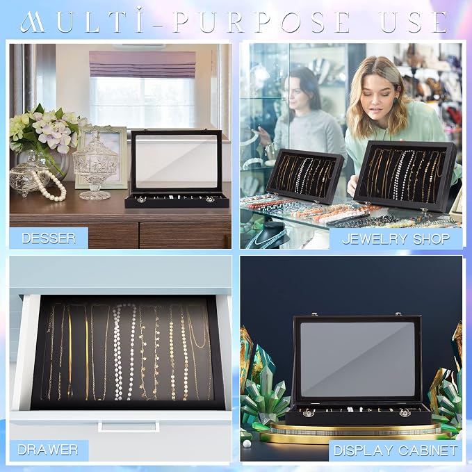 Kenning 2 Pieces Glass Lid Necklace Organizer Box 20 Hooks Necklace Tray Jewelry Holder Organizer Velvet Necklaces Holder Storage Display Case for Show Bracelet - Image 7