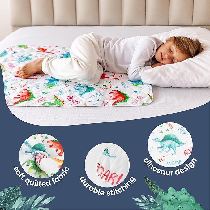 Lynmark® 2x Potty Training Mattress Protector Pee Pad for Kids - Waterproof Toddler Bed Wetting Mat for Toilet Training - Non-Slip Washable Bedwetting Topper Absorbs Up to 2000ml - 35" x 33", Dinosaur