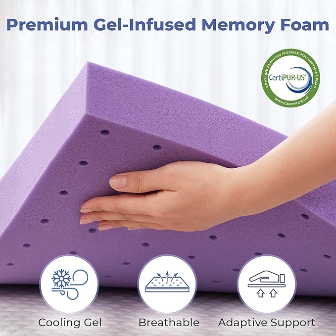 BDEUS 3 Inch Gel Memory Foam Mattress Topper Twin XL Size, Cooling Mattress Topper for Back Pain Relief, Non-Slip Design with Removable & Washable Soft Bamboo Cover.