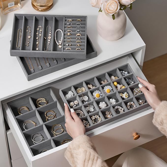 Velvet Jewelry Drawer Organizer Trays – Large Grey Stackable Jewelry Storage Inserts Set, 4-Layer Jewelry Tray Set for Earrings, Rings, Necklaces, Bracelets with Removable Dividers for Dresser, Vanity - Image 7