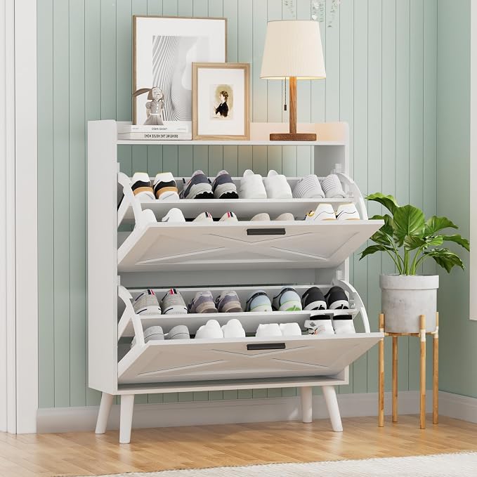 Homleke 32" W Farmhouse Shoe Storage Cabinet with 2 Flip Drawers and Barn Door Design, Adjustable Shelves, Modern Hidden Slim Narrow Shoe Rack Cabinet for Entryway, Foyer, Hallway, Living Room, White - Image 9