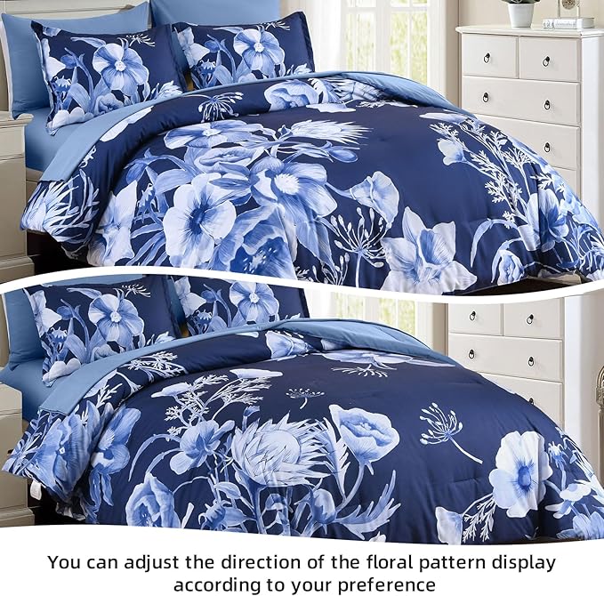 Luxudecor Floral Comforter Set Full Size 7 Piece, Navy Blue Flower Bed in a Bag, Elegant Floral Comforter with Sheet Set, Soft Microfiber Bedding Set for All Season (Navy Blue, 80"x90")