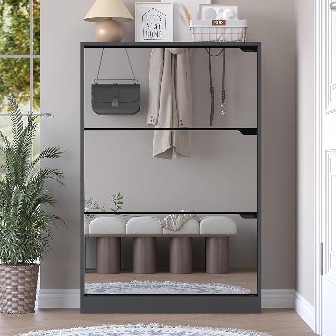 BORNOON Shoe Cabinet with 3-Flip Mirror Drawers, Freestanding Shoe Rack Organizer with Hidden Handle, Slim Narrow Shoe Storage Cabinet for Entryway, Entrance, Hallway, Bedroom - Image 7