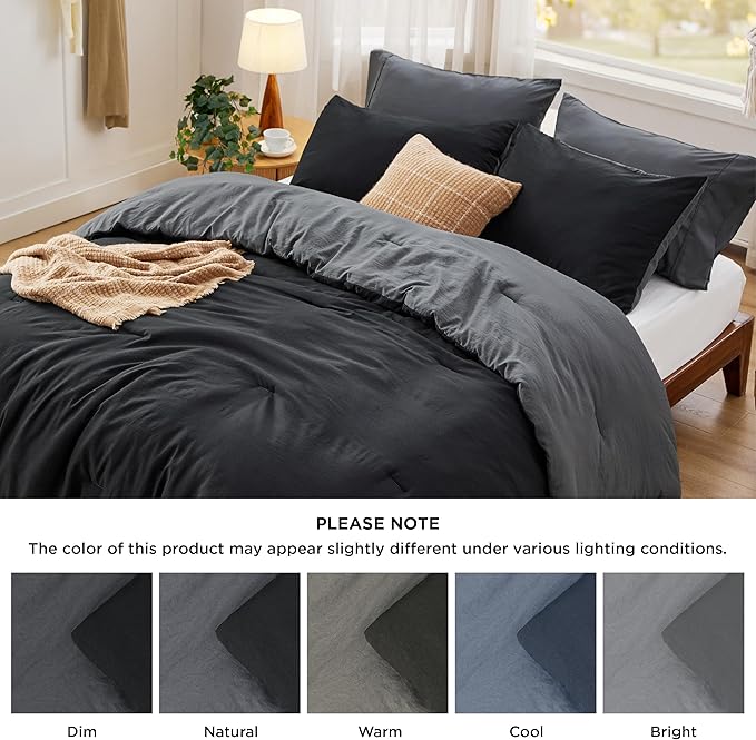 Bedsure Queen Comforter Set, Black Grey Soft Prewashed Bedding for All Seasons, 3 Pieces GentleSoft™ Bed Set, 1 Lightweight Comforter (90"x90") and 2 Pillowcases (20"x26")