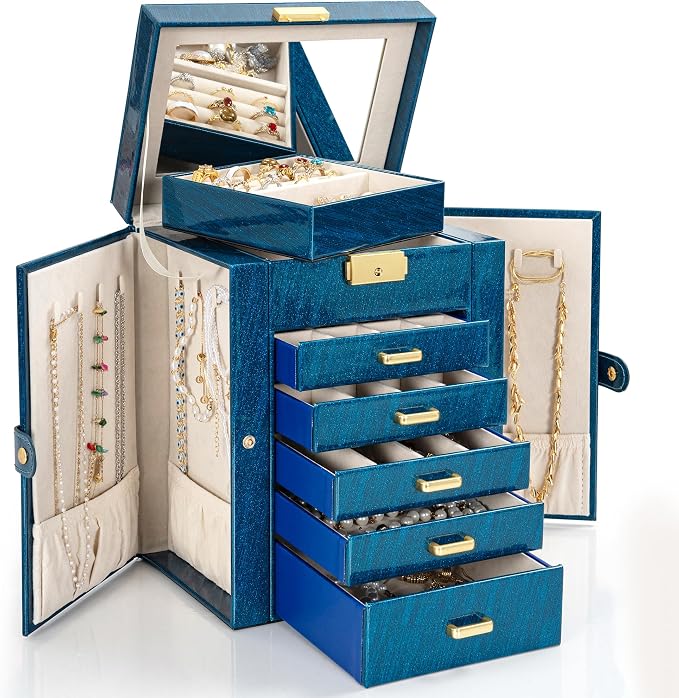 AKOZLIN 6-Tier Jewelry Box Lockable Leather Jewelry Storage Case with 5 Drawers for Women Girls Ring Necklace Earring Bracelet Holder Organizer with Mirror Blue - Image 8