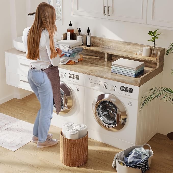 2-Tier Washer Dryer Countertop with 2.75" H Edge Rails, 58" W x 28" D Laundry Countertop for Folding Clothes, Washer and Dryer Topper with Non-Slip Pad (White Oak) - Image 7