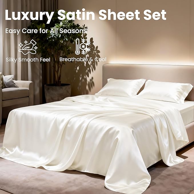 Love's cabin Satin Queen Sheets Set - 4 Piece Ivory Silky Bed Sheets with Deep Pocket, Luxury Silk Feel Satin Queen Size Sheet Set (1 Flat Sheet,1 Fitted Sheet,2 Pillow Cases)