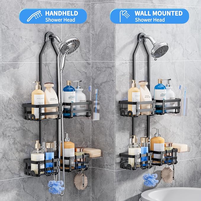 GAOKASE Aluminum Shower Caddy Hanging, Never Rust Shower Organizer- 4 Levels with adjustable Height 10 Hooks for Razor/Sponge - Rack with Soap Basket (Black-1) - Image 8